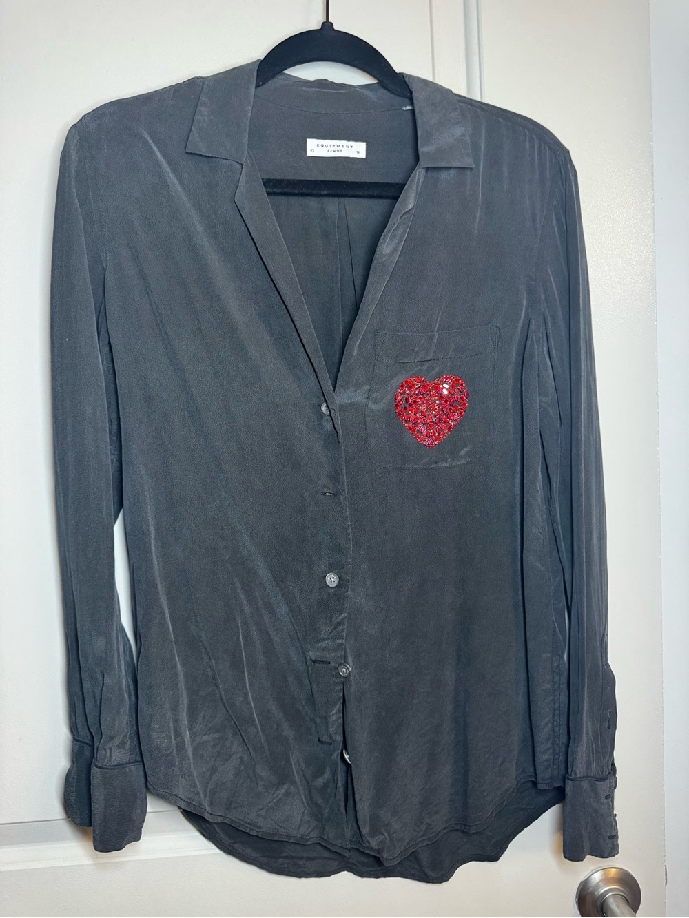 Equipment Charcoal Button-Down Shirt with Red Sequin Heart